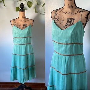 Vintage Turquoise Chiffon Dress with Gold Trim Ribbon
